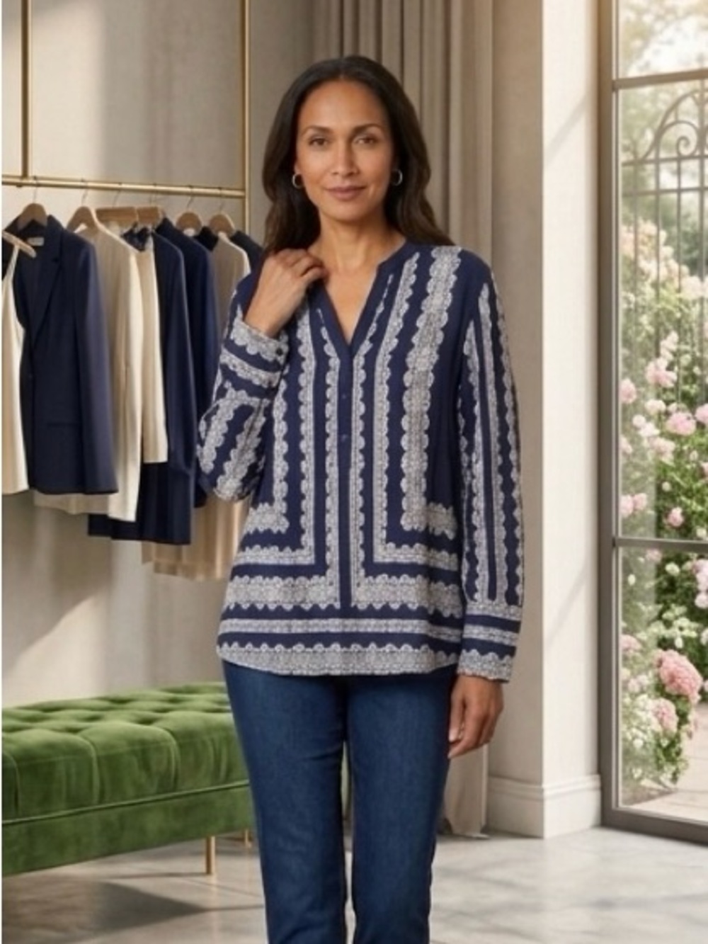 Cato Navy and White Patterned Blouse Long Sleeve V Neck 22/24